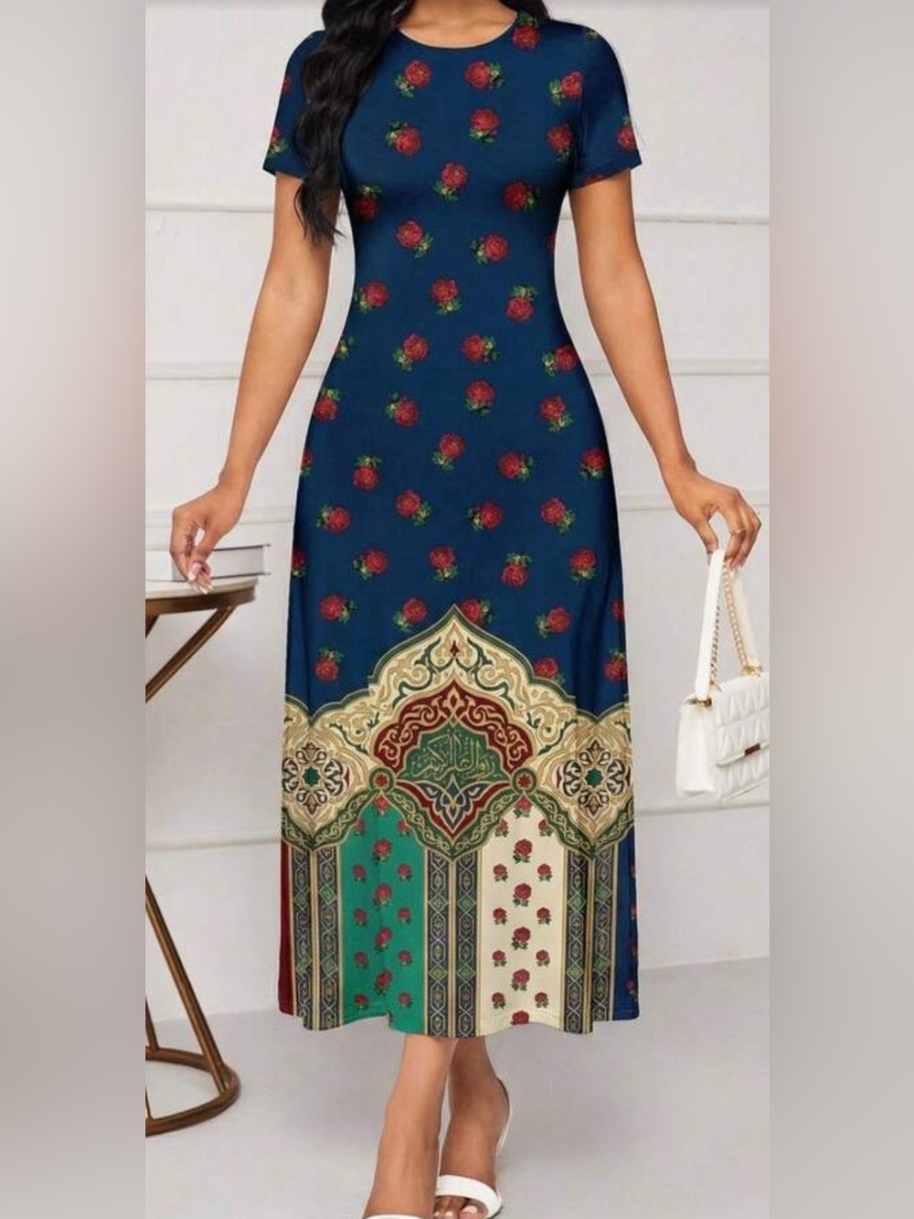 Elegant Navy Floral Maxi Dress with Decorative Hem